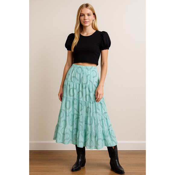 MSRP $89 NWT ✨ RAJ Tiered Horseshoe Print Maxi Skirt – Size S | Made in India ✨ - Picture 1 of 5